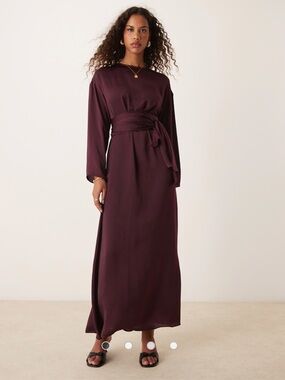 NEW ASOS Eggplant Kimono Wrap Long Sleeve Satin Maxi Dress, Size 10